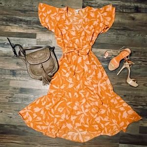 A New Day Wrap Dress Orange Floral Ruffle Sleeves